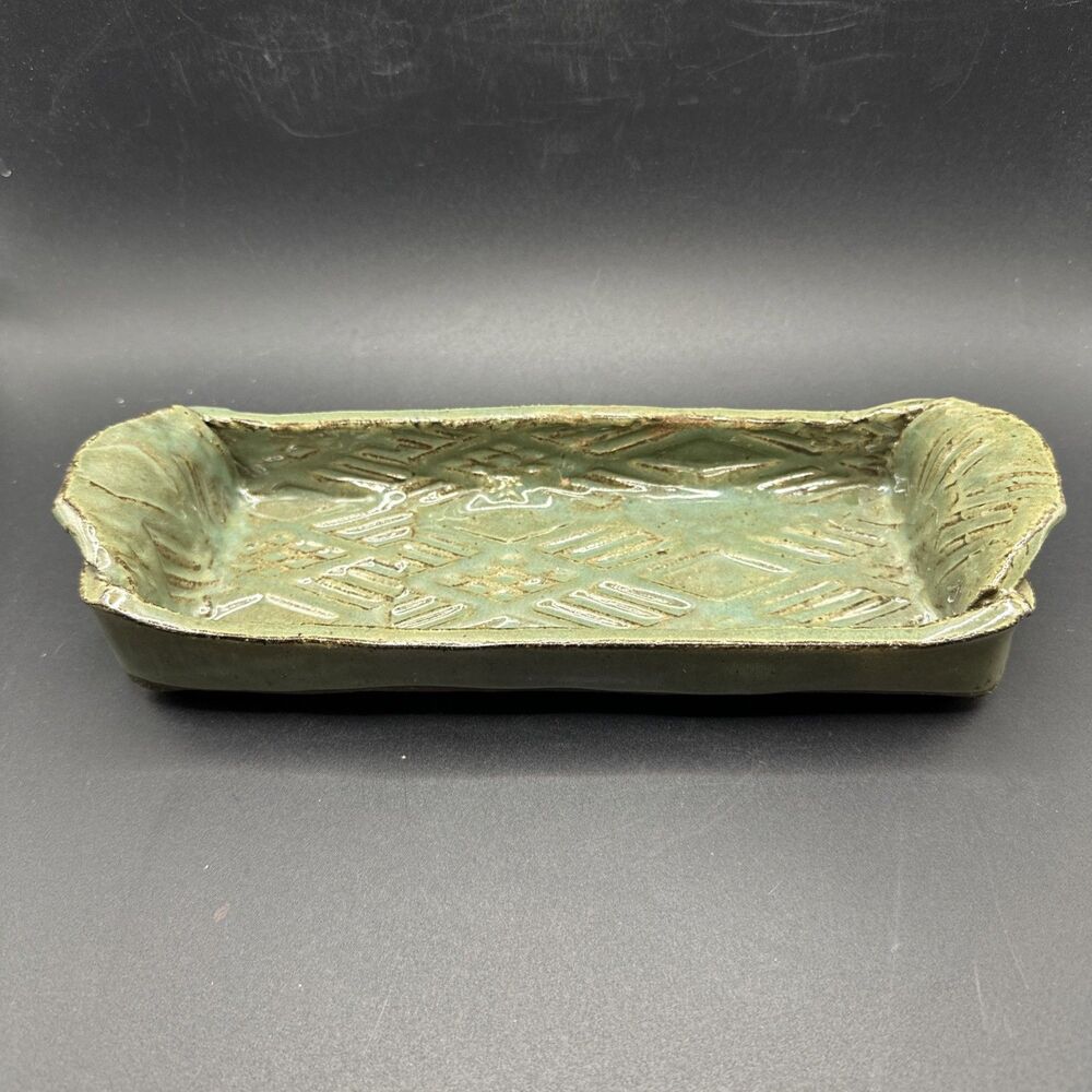 Studio Art Pottery Green Glazed Stamped Pattern rectangular trinket dish 9"